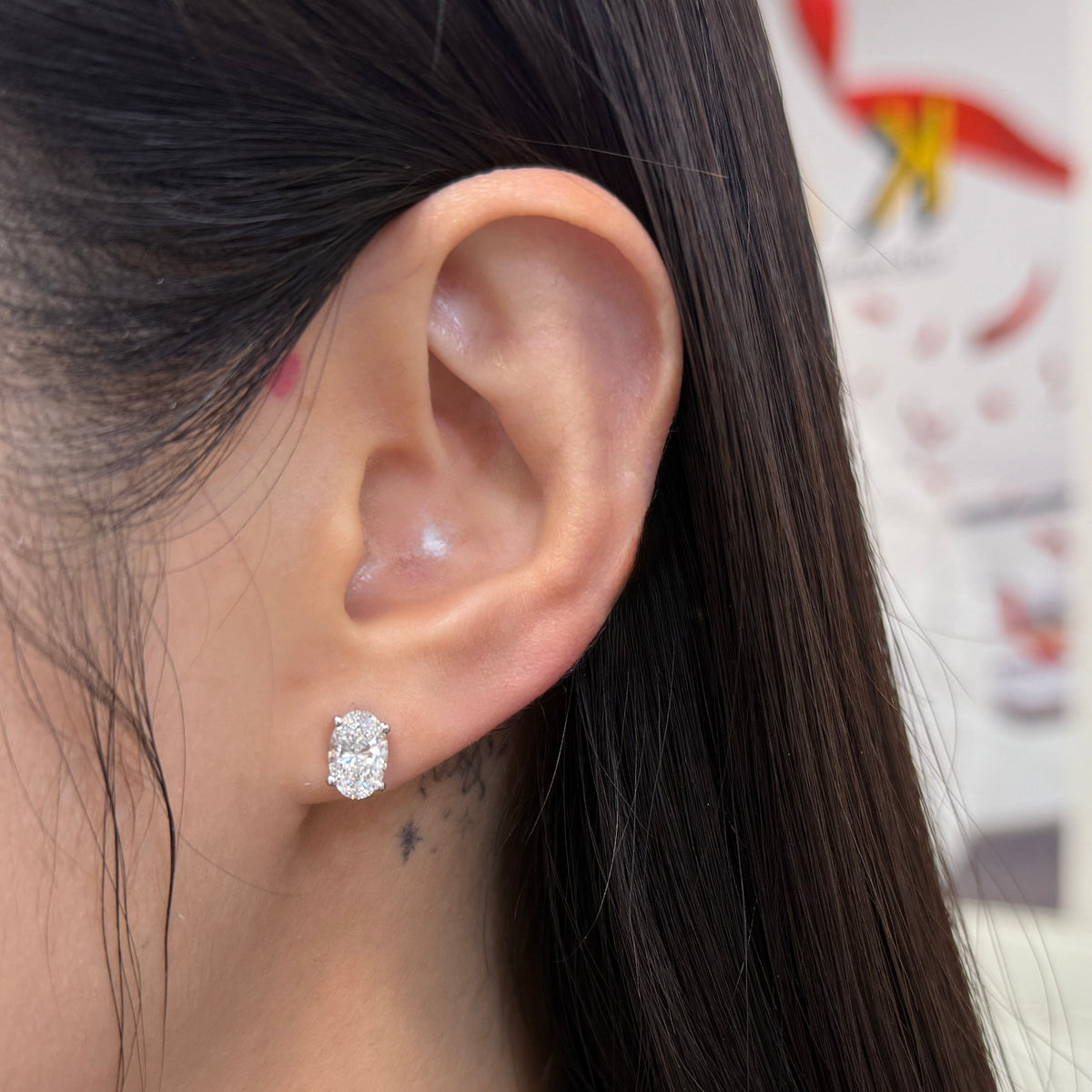 Lab diamond oval shape 2cr four-prong stud earrings - pair
