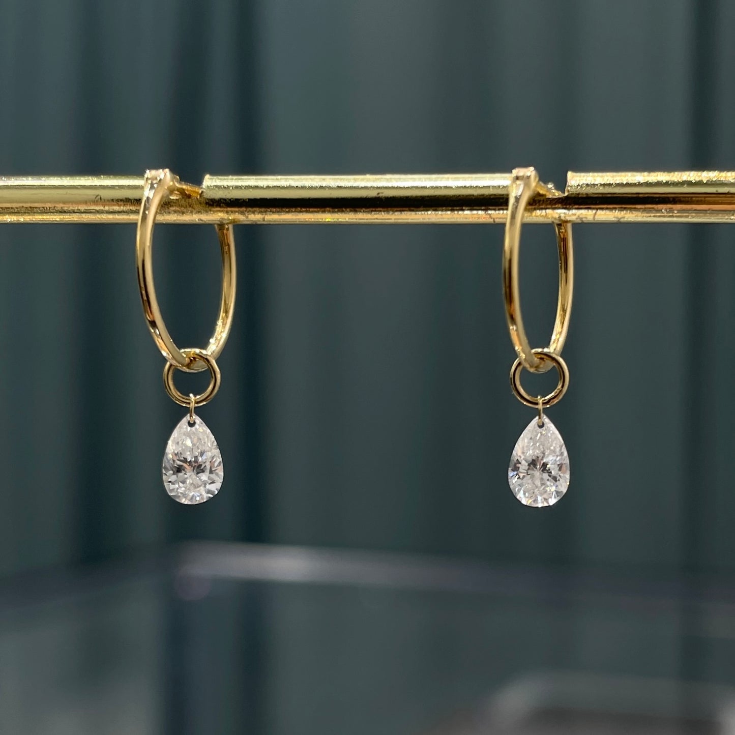 Lab diamond Pear shape 0.6ct floating 10mm hoop earrings-pair