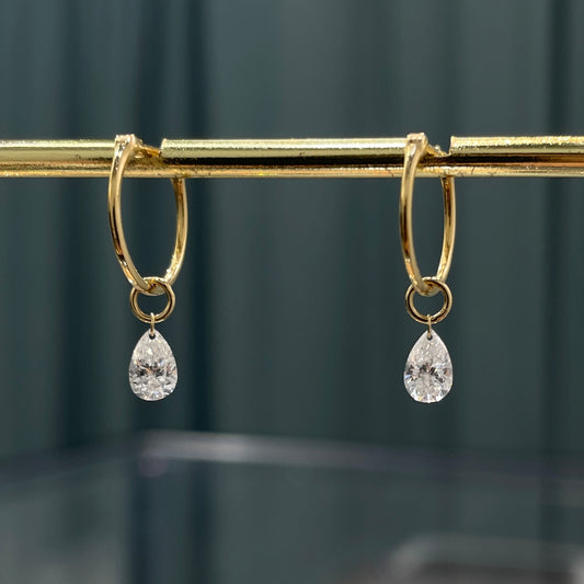 Lab diamond Pear shape 0.6ct floating 10mm hoop earrings-pair