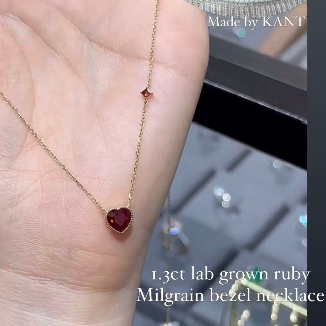 Lab grow ruby heart shape 1.3ct milgrain bezel necklace
