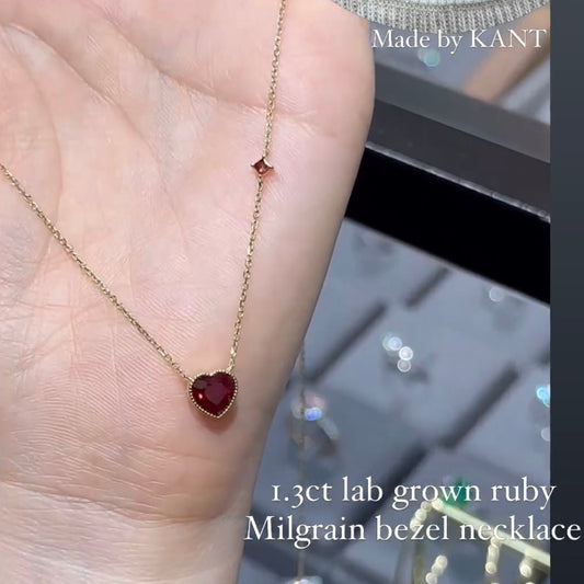 Lab grow ruby heart shape 1.3ct milgrain bezel necklace