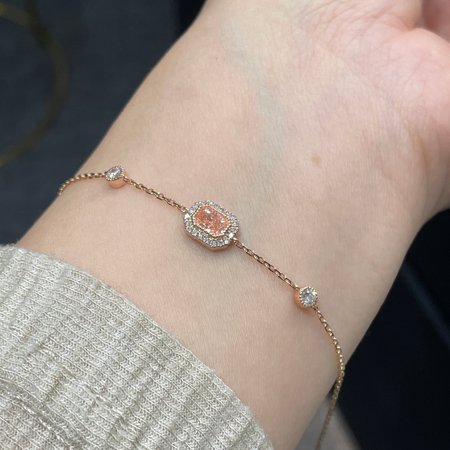 Lab pink diamond radiant cut 0.3ct halo with round milgrain bezel bracelet