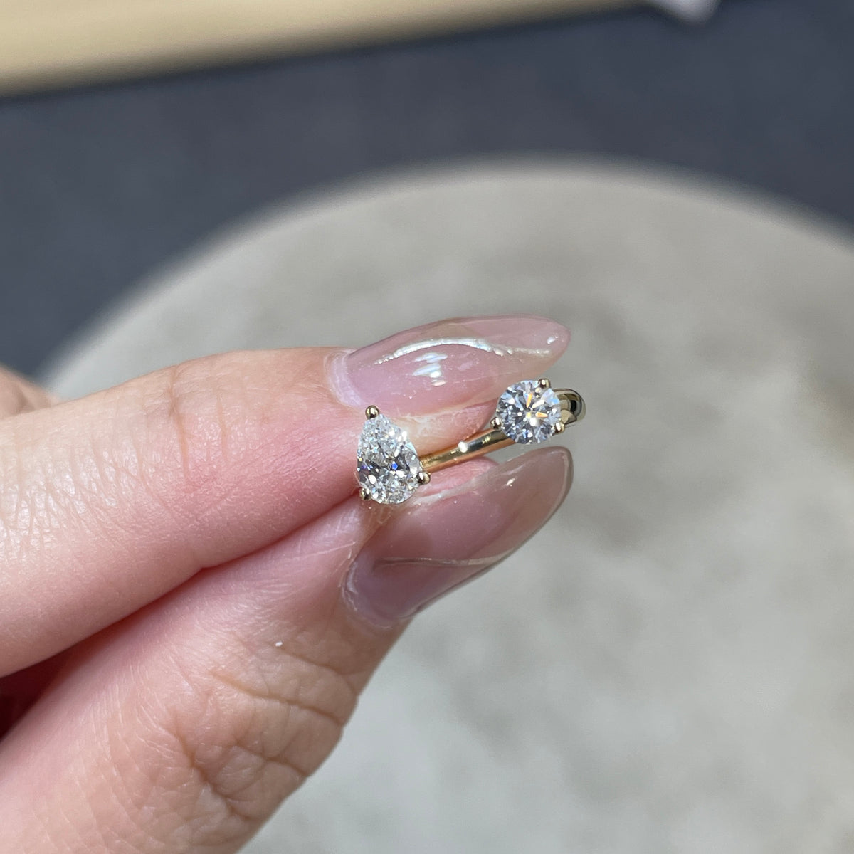 9K Lab diamond Round and Pear 0.5ct duo invisible open pinky ring