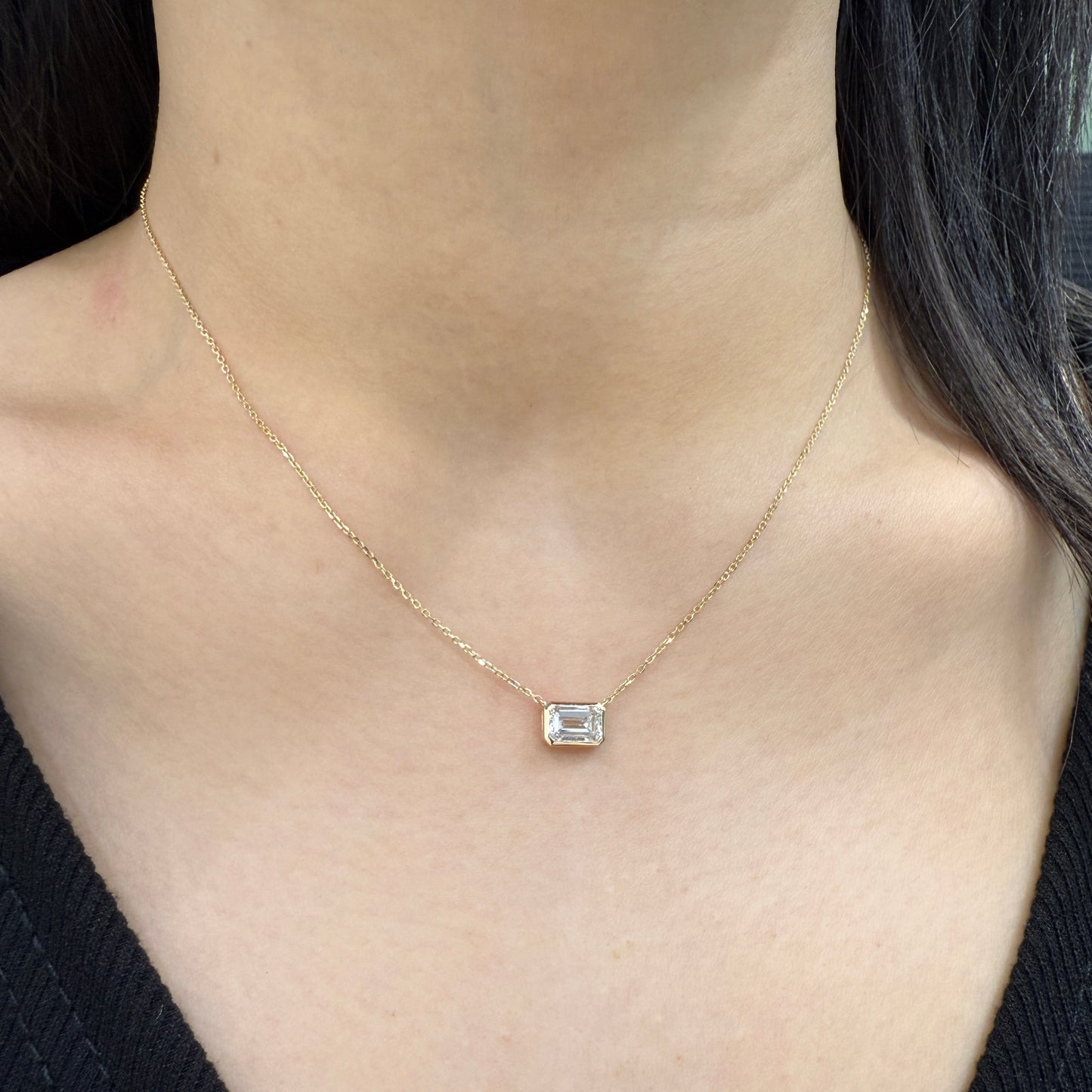 Lab diamond emerald cut 0.9ct bezel necklace