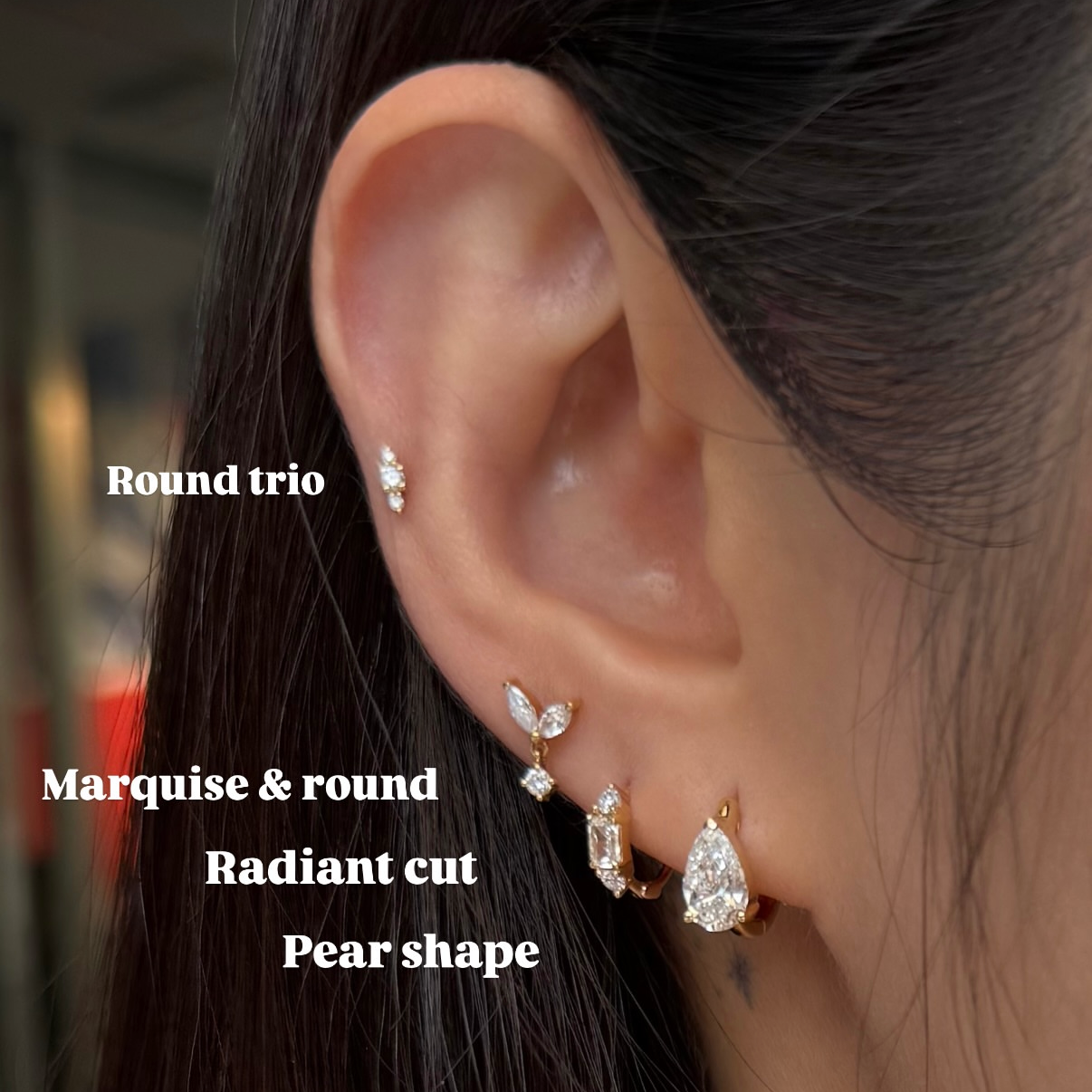 Lab diamond radiant and round 0.2ct three stone 7mm thin hoop earring - each