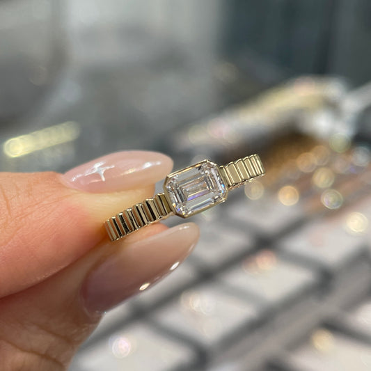 Lab diamond Emerald cut 0.6ct horizontal bezel set with vertical line band ring