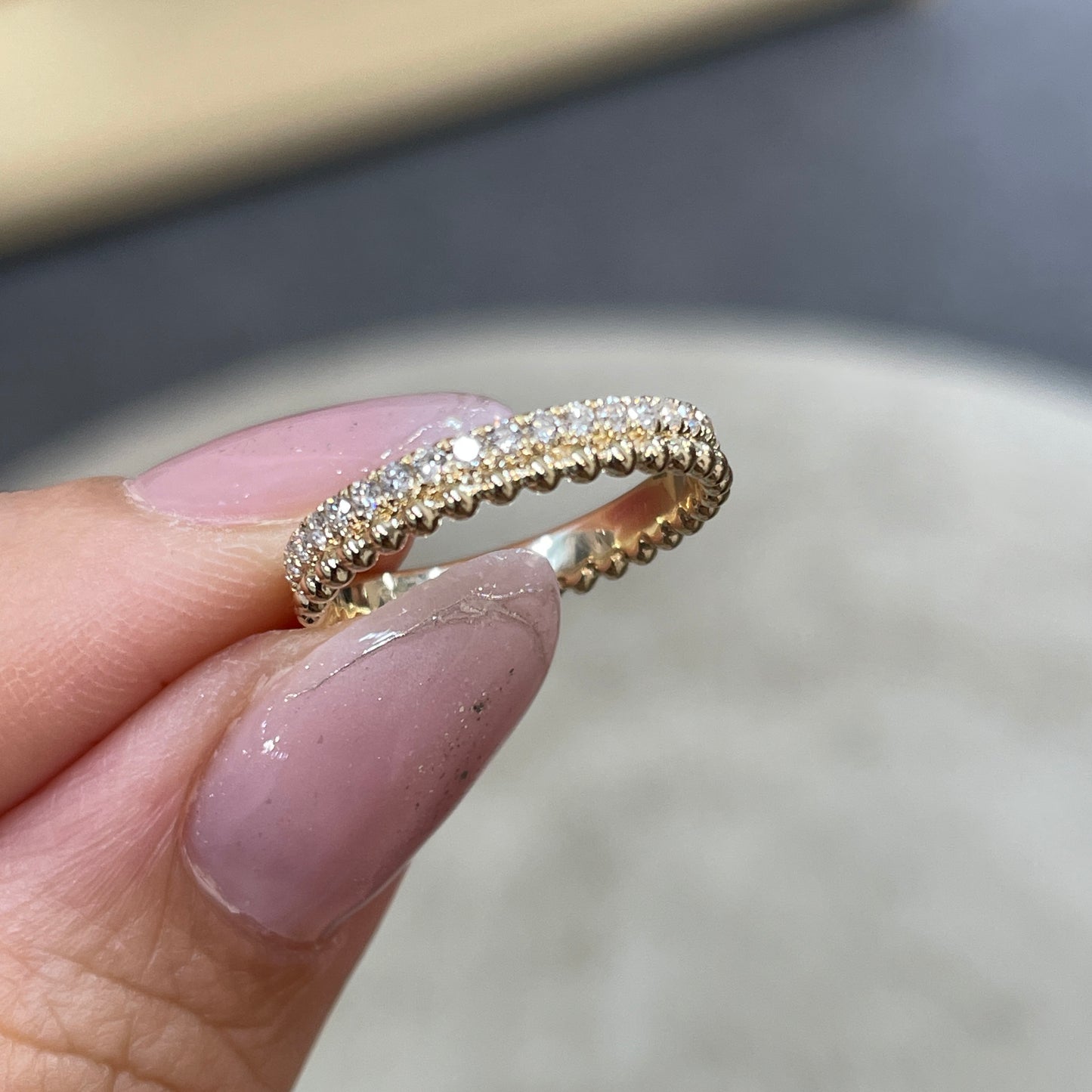9k Lab diamond round 0.3ct milgrain dewdrop full eternity pinky ring
