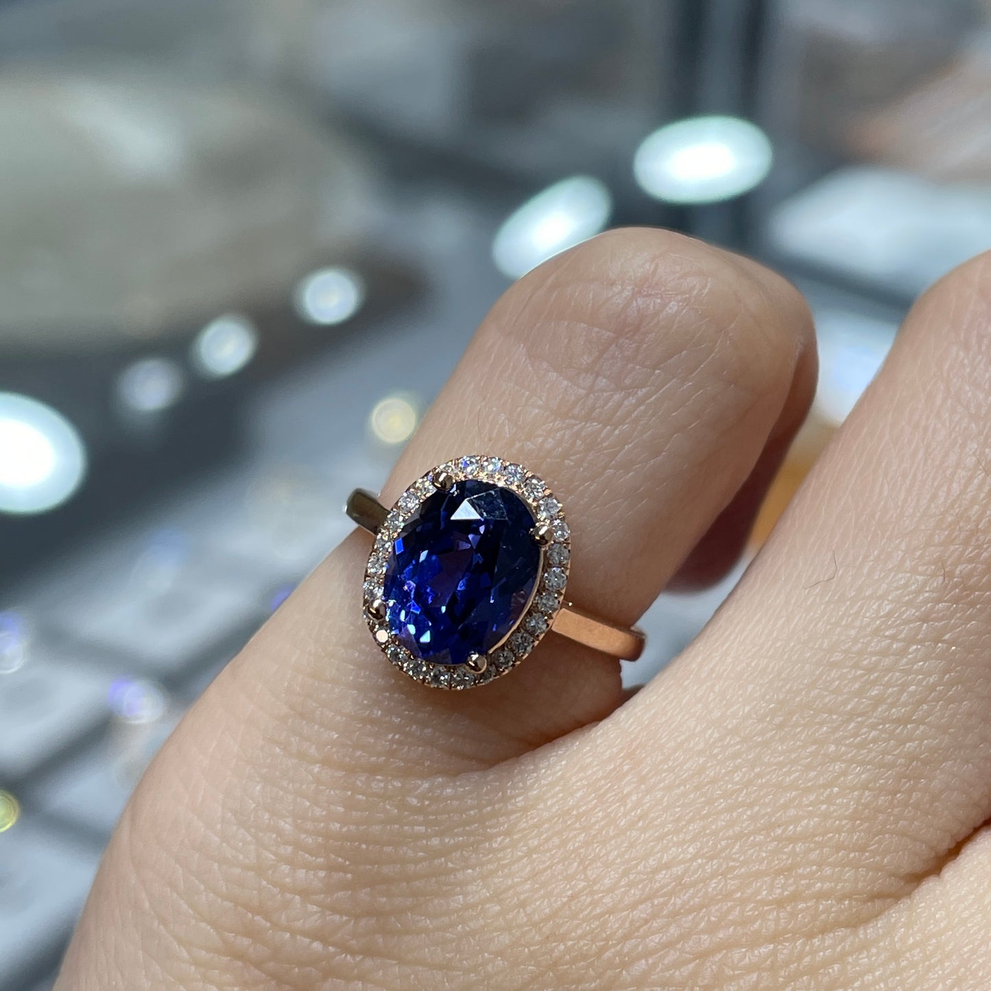 Lab grown sapphire royal blue color Oval shape 2.7ct halo ring