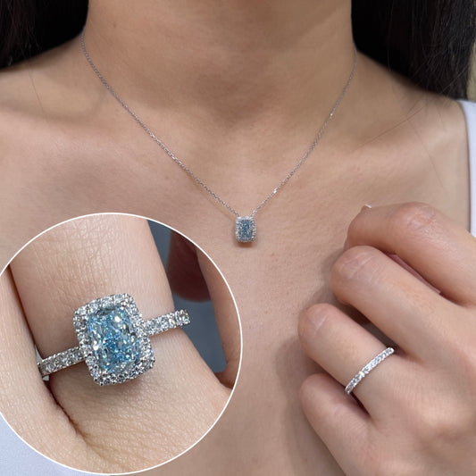 IGI lab blue diamond long cushion cut 1ct halo two-way pave ring