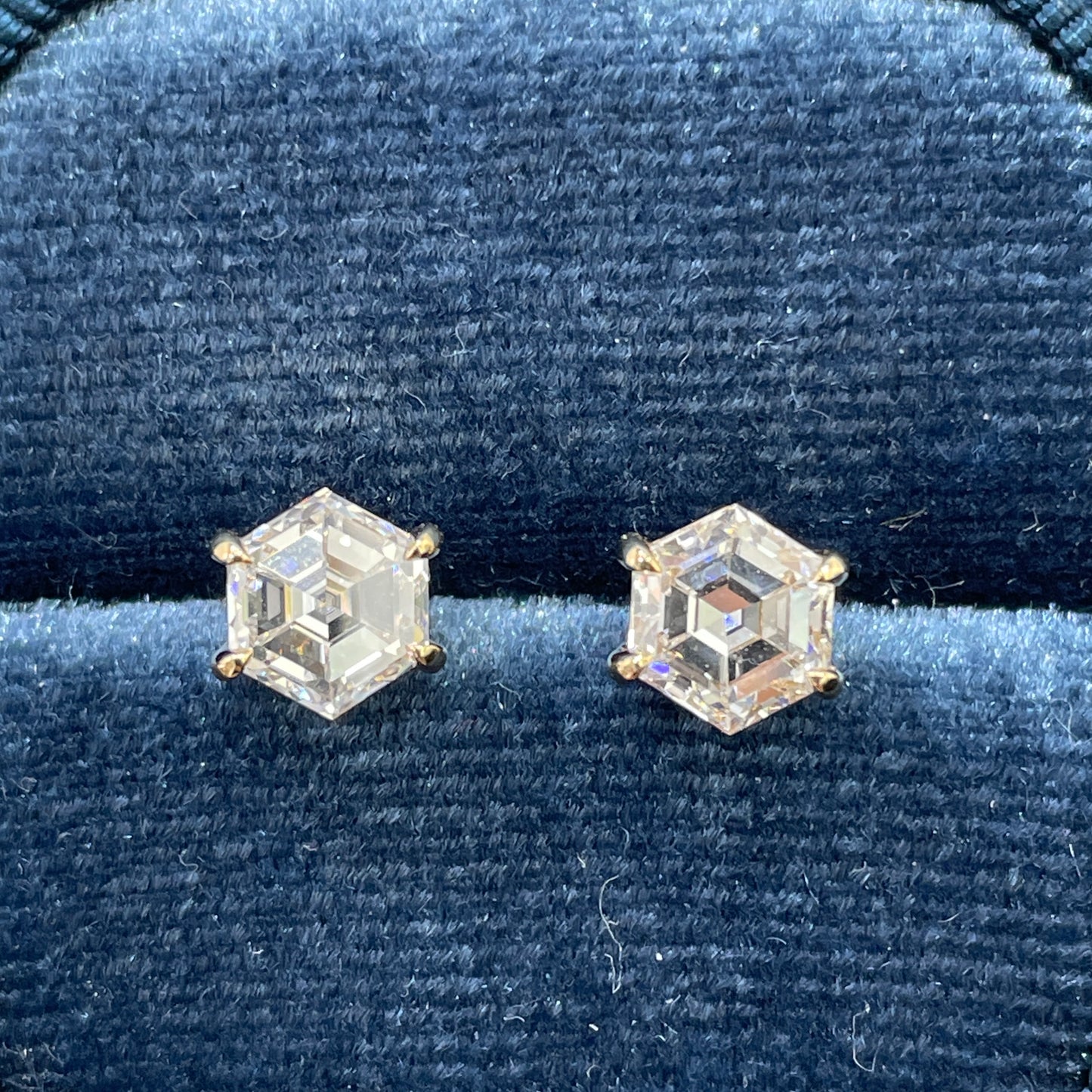 Lab diamond Hexagon 2.6ct four-prong stud earrings-pair
