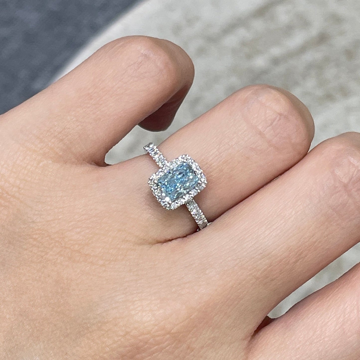 IGI lab blue diamond long cushion cut 1ct halo two-way pave ring