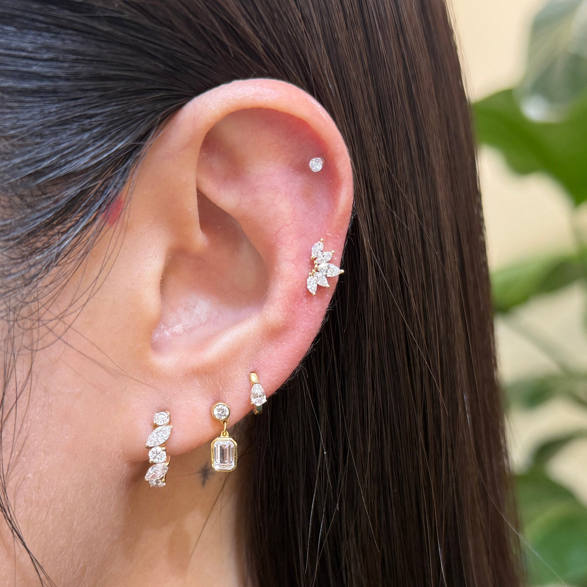 Lab diamond marquise shape five leaf stud earring - each