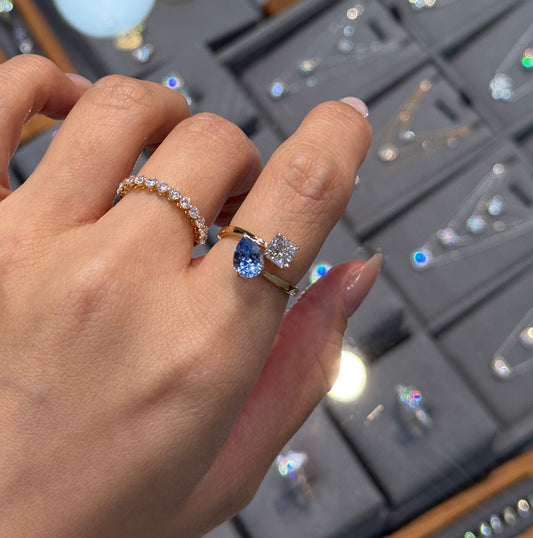 Lab sapphire Santa maria aquamarine pear shape 1.5ct with diamond radiant cut 1ct toi et moi open ring