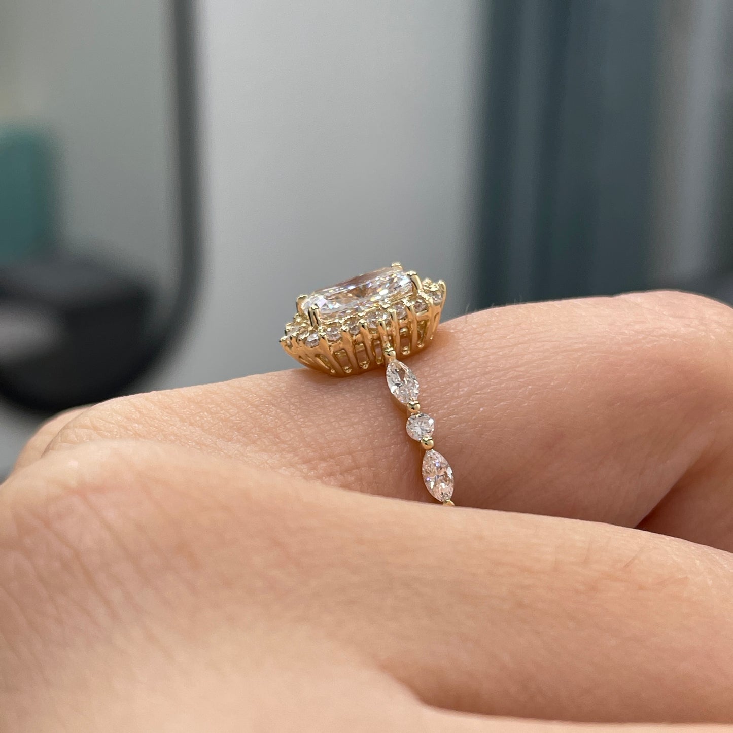 IGI Lab diamond long cushion cut 1.5ct halo with marquise and round mix pave ring