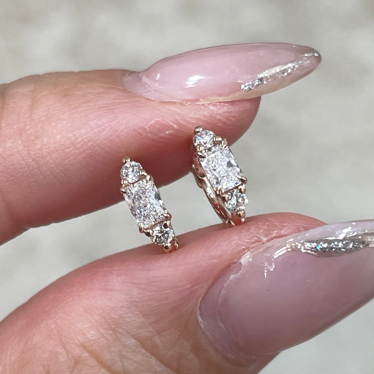 Lab diamond radiant and round 0.15ct three stone 7mm thin hoop earring - each