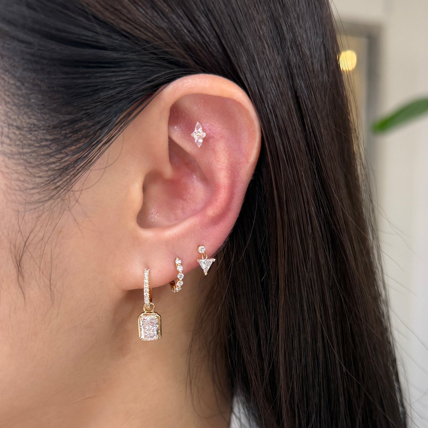 Lab diamond radiant cut 2.14ct four-prong bezel two way hoop earrings - pair