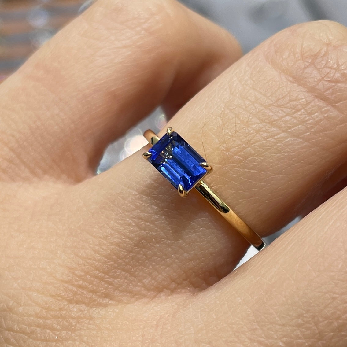 Lab sapphire cornflower color emerald cut 0.9ct solitaire ring