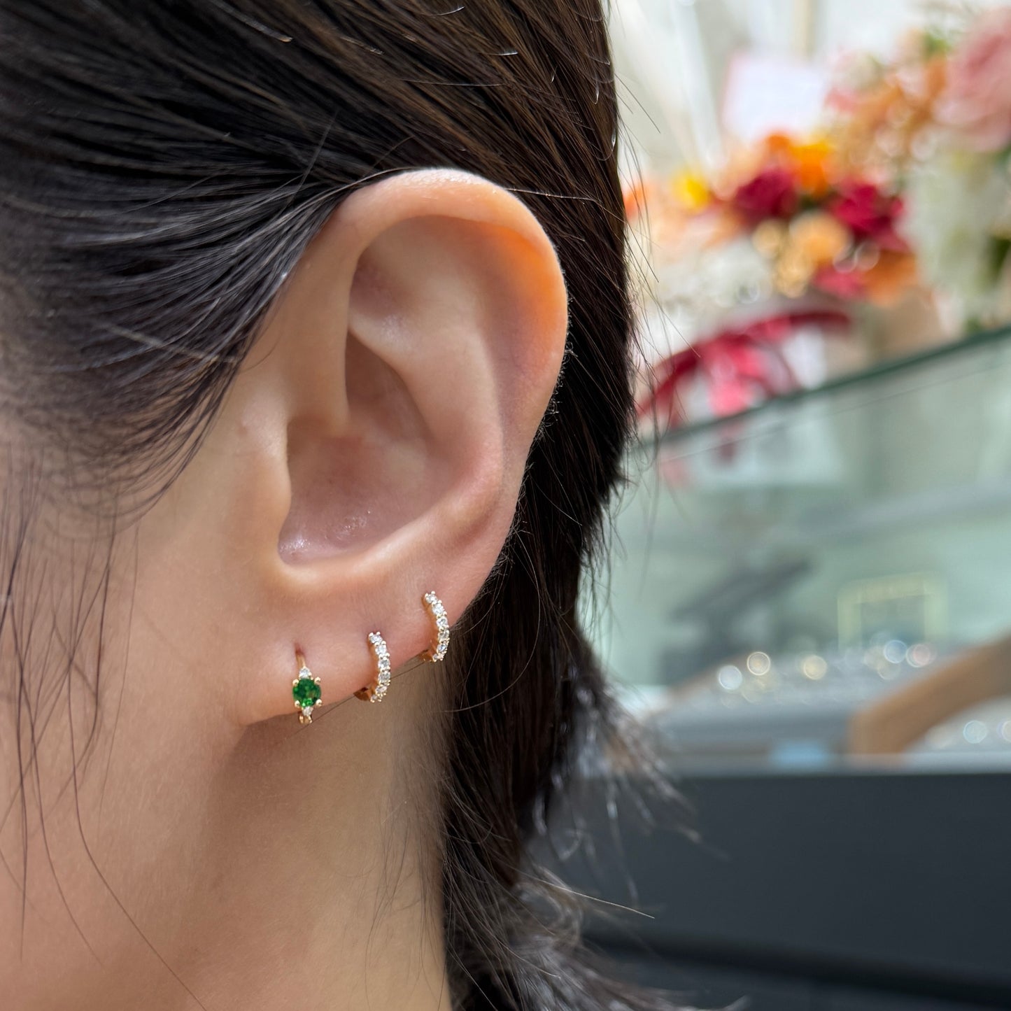 Natural tsavorite round 0.1ct with lab diamond 6.5mm hoop earring-each