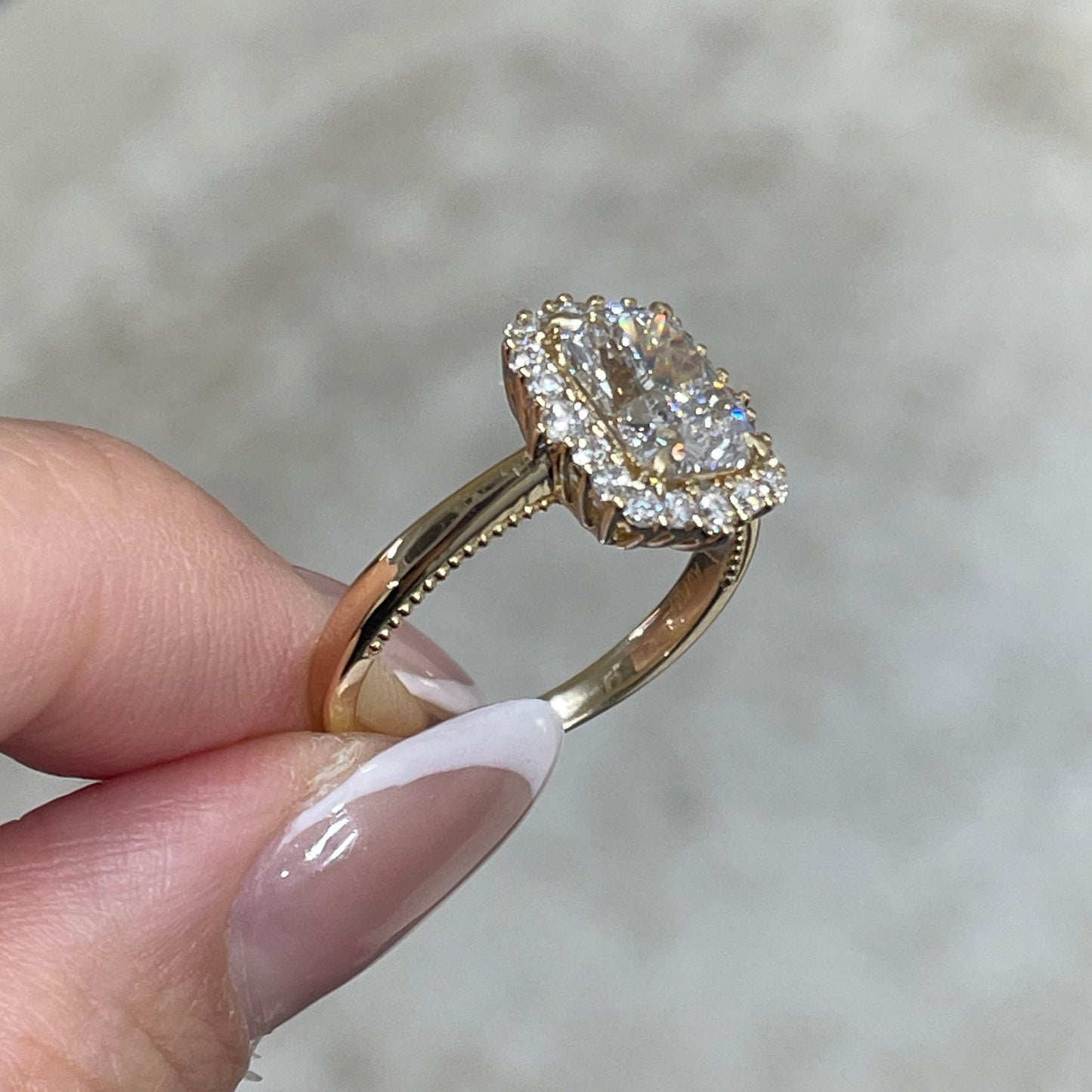 IGI lab diamond Long cushion cut 1.8ct halo milgrain band ring