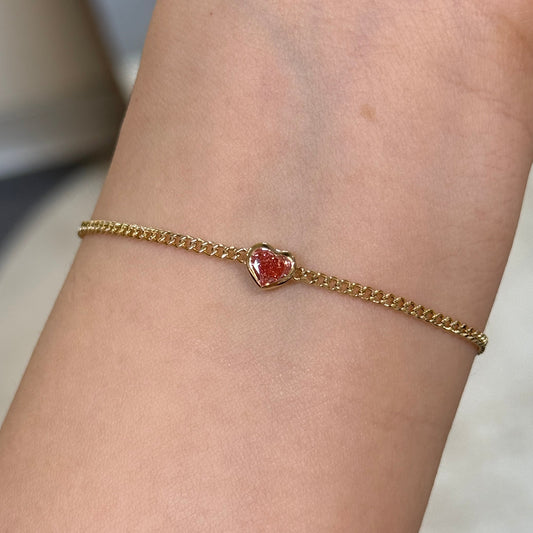 Lab pink diamond heart shape 0.4ct bezel with 1.8mm Cuban bracelet