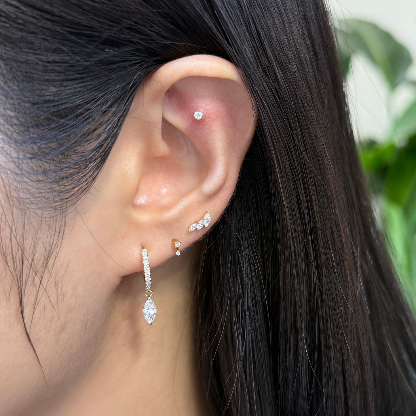 9k Lab diamond Marquise shape 0.85ct 10mm huggie  hoop earrings-pair
