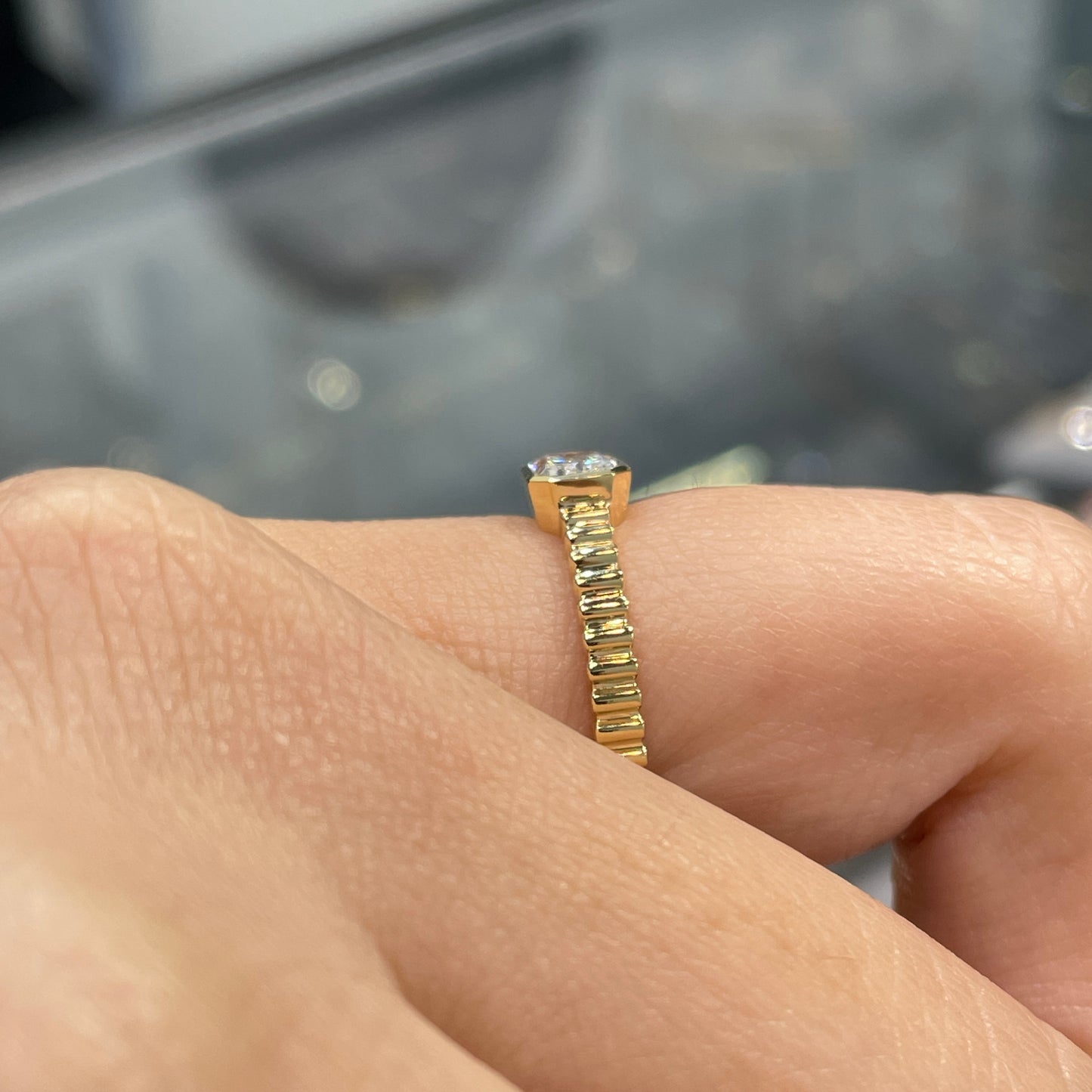Lab diamond Radiant cut 0.6ct horizontal bezel set with vertical line band ring