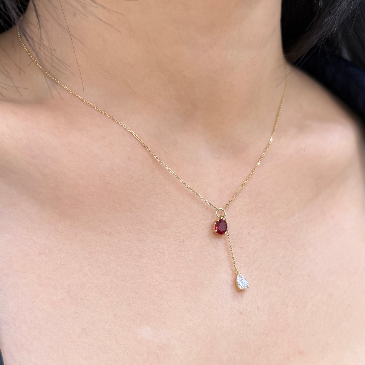 Lab Ruby Oval shape 0.8ct swing diamond pear shape 0.4ct two stone necklace