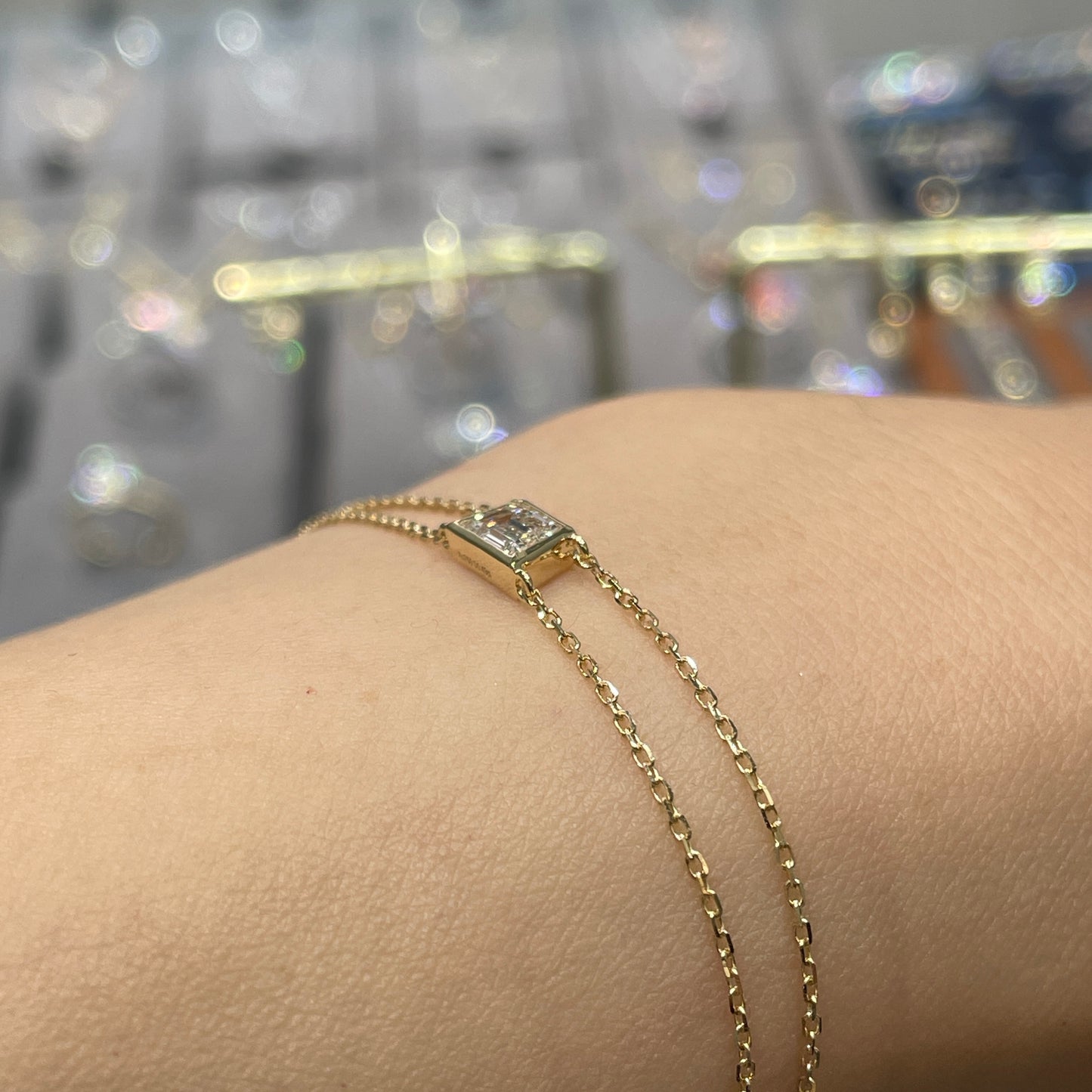 Lab diamond Baguette whistle cut 0.4ct bezel double chain bracelet
