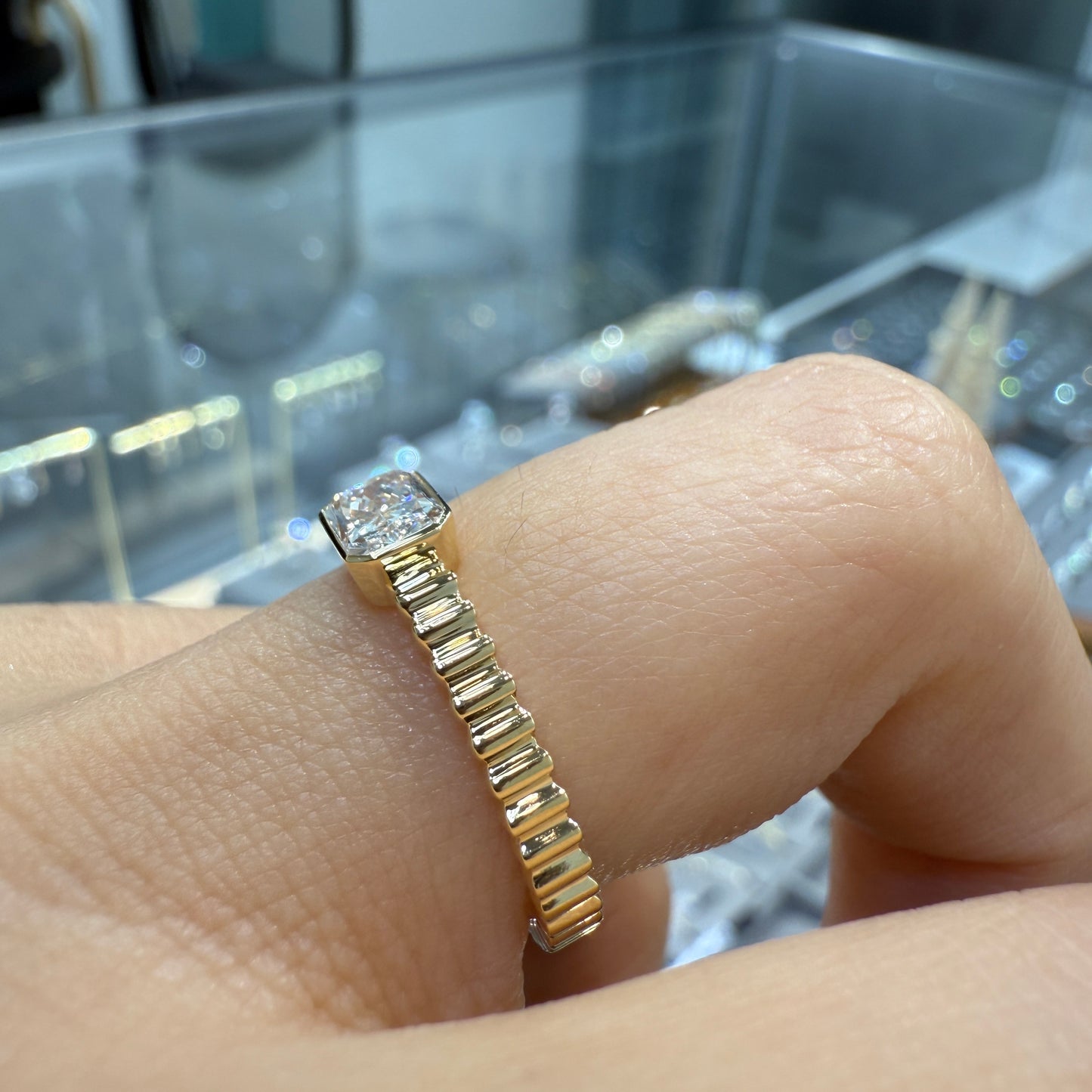 Lab diamond Radiant cut 0.5ct horizontal bezel set with vertical line band ring