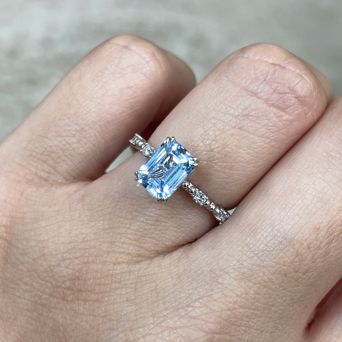 Lab Sapphire Aquamarine blue emerald cut 1.5ct  four-double prong milgrain side stone band ring