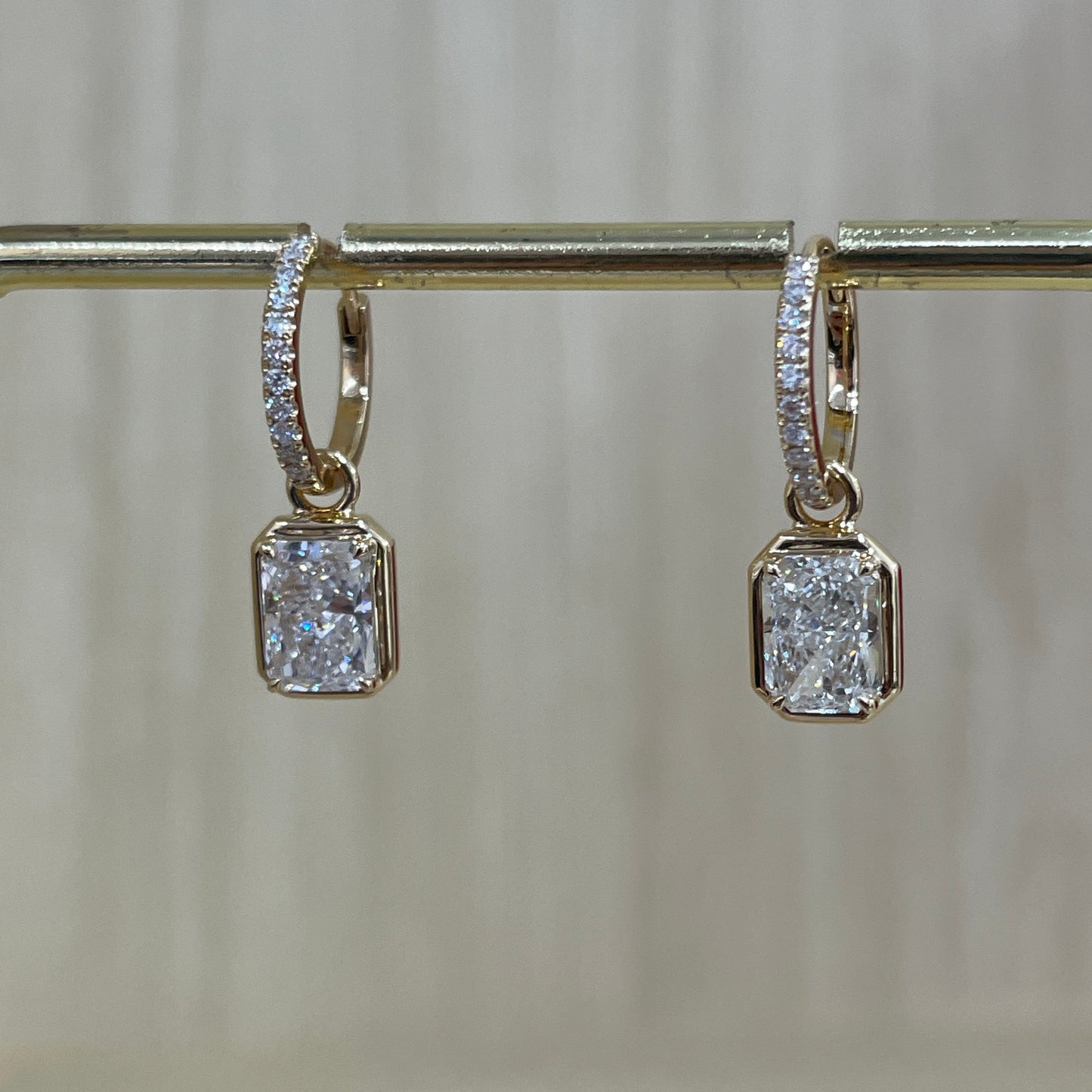 Lab diamond radiant cut 2.14ct four-prong bezel two way hoop earrings - pair