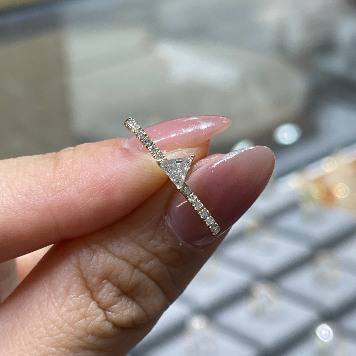 Lab diamond Triangle cut 0.2ct on long bar stud earring - each