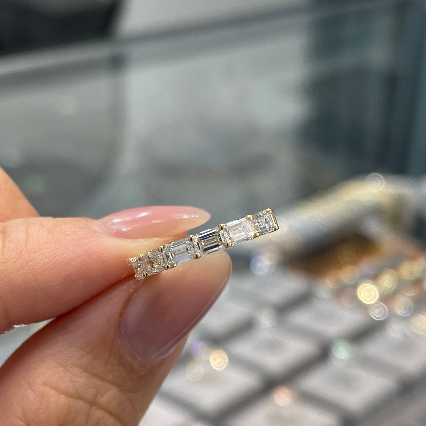 Lab diamond emerald cut 0.9ct horizontal half eternity straight vertical line band pinky ring