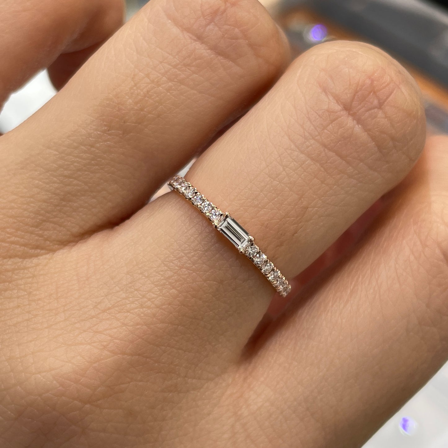 Lab diamond baguette cut 0.1ct four-prong pave ring
