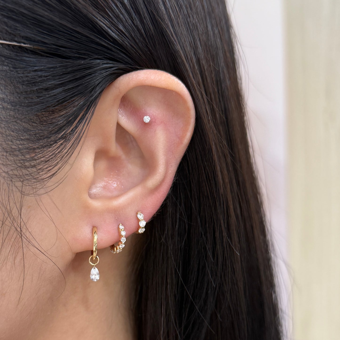 Lab diamond pear shape 0.4ct floating 9mm thicker hoop earrings-pair