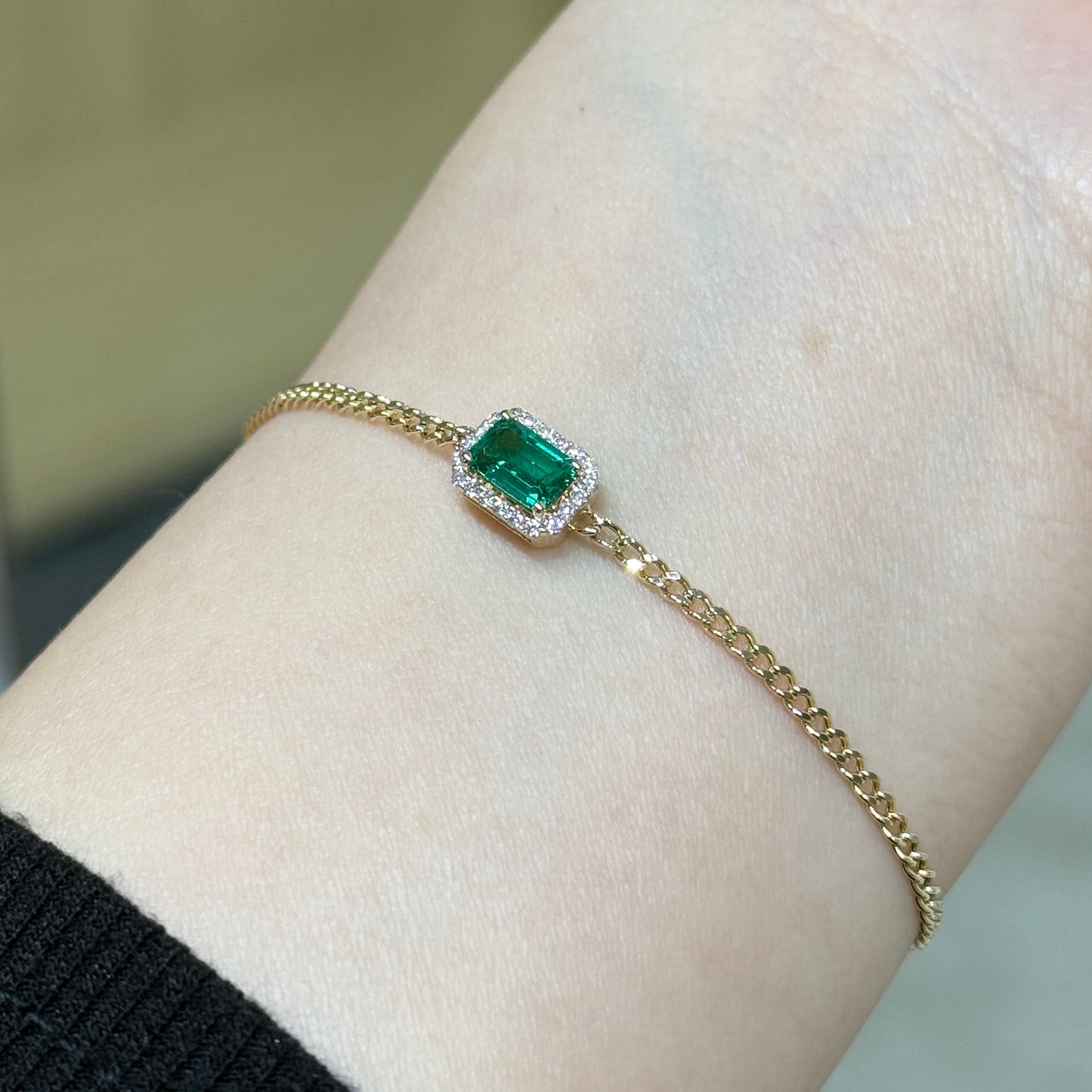 Lab Emerald emerald cut halo with 1.8mm cuban bracelet