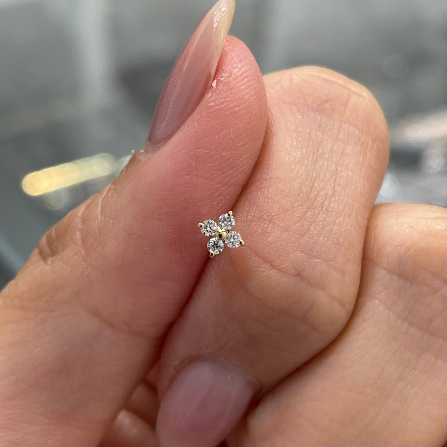 Lab diamond Round four-leaf baby flower stud earring - each