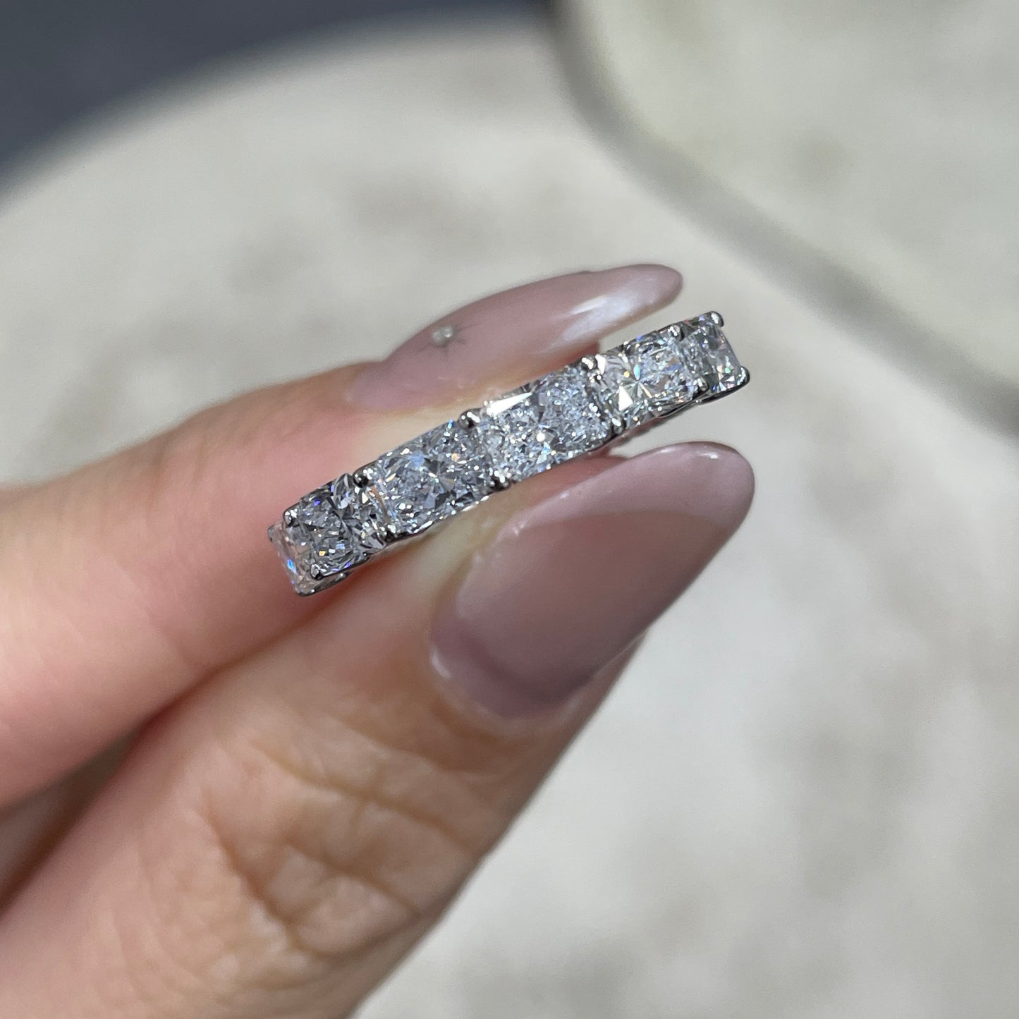 Lab diamond Radiant cut 1.8ct horizontal half eternity straight vertical line band ring