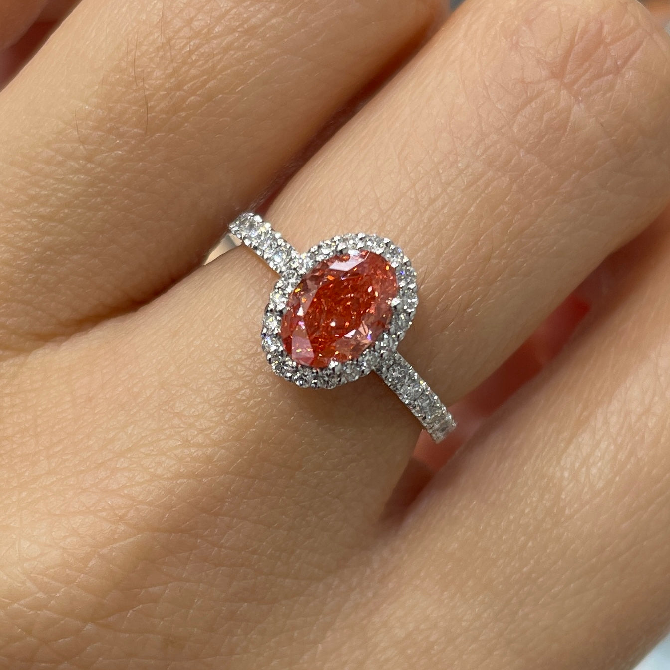 IGI pink diamond Oval shape 1ct two way halo pave ring