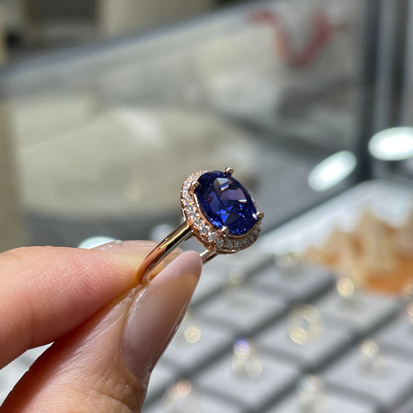 Lab grown sapphire royal blue color Oval shape 2.7ct halo ring