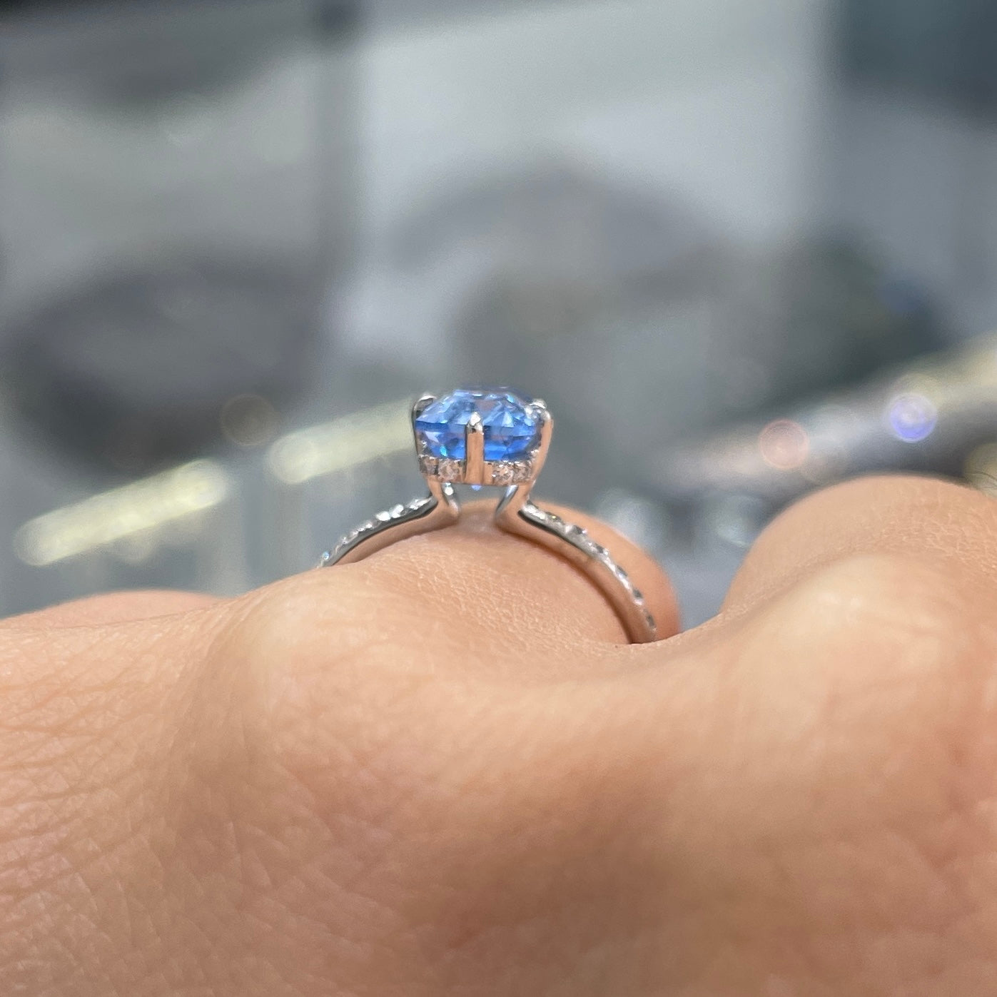 Lab sapphire Santa maria aquamarine emerald cut 2ct four-prong compass under halo pave ring