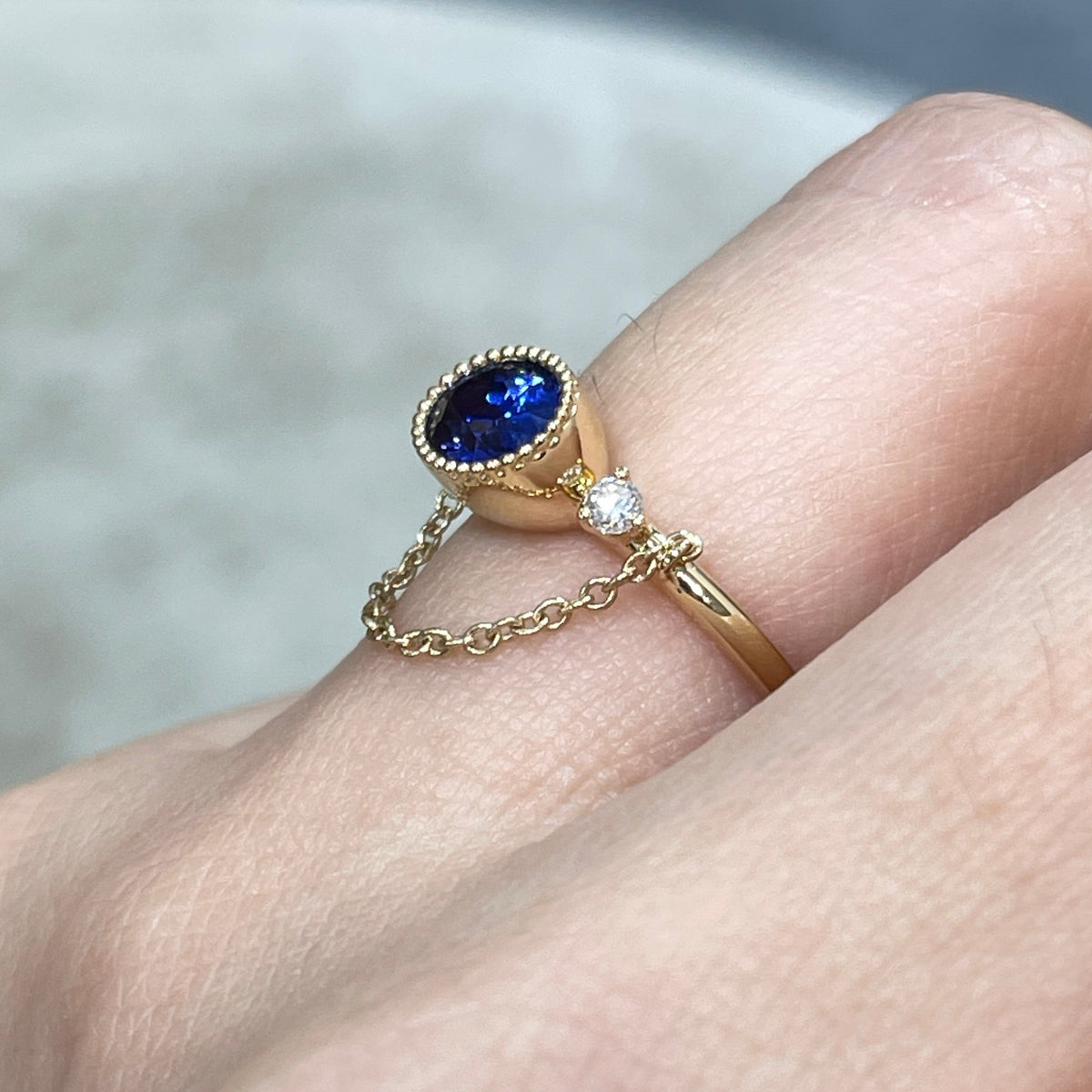 Lab sapphire royal Blue oval shape 1.1ct with diamond milgrain bezel chain ring