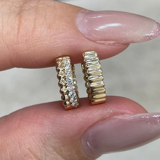 9k Lab diamond round 0.16ct milgrain dewdrop and vertical line half half 8mm hoop earring - each