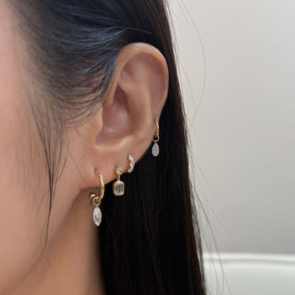Lab diamond marquise shape 1ct floating 10mm hlaf hoop stud earrings-pair