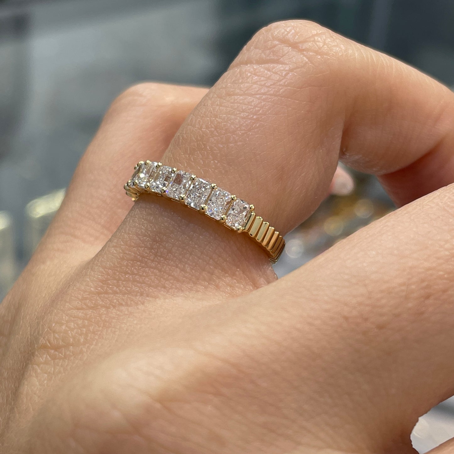 Lab diamond Radiant cut 1.1ct half eternity straight vertical line band ring