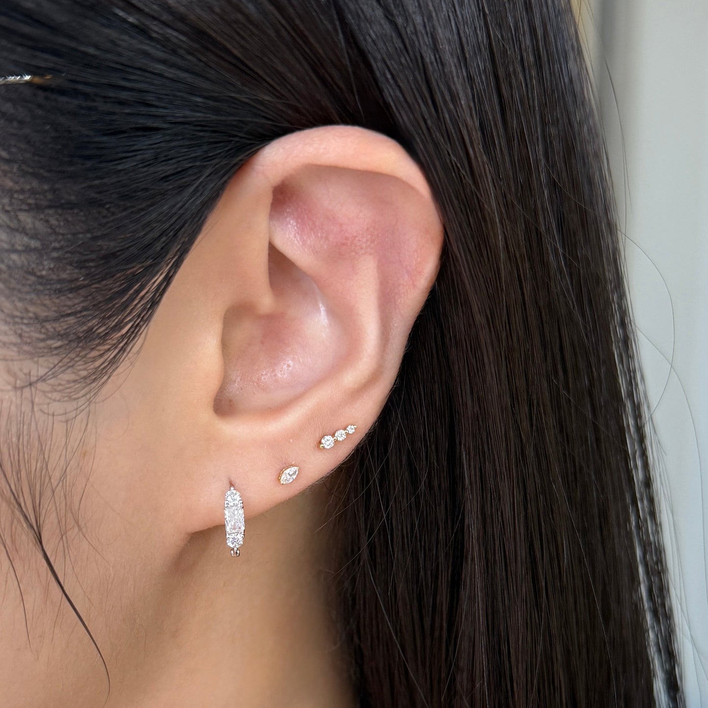 Lab diamond radiant and round 0.6ct three stone 10mm thin hoop earring - each