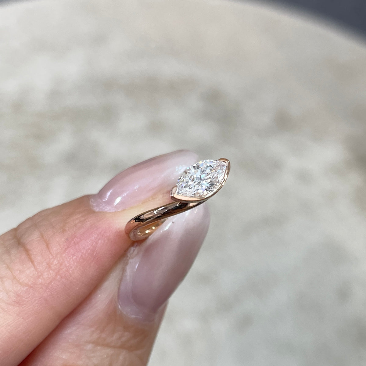 9k Lab diamond Marquise shape 0.5ct half bezel wavy pinky ring
