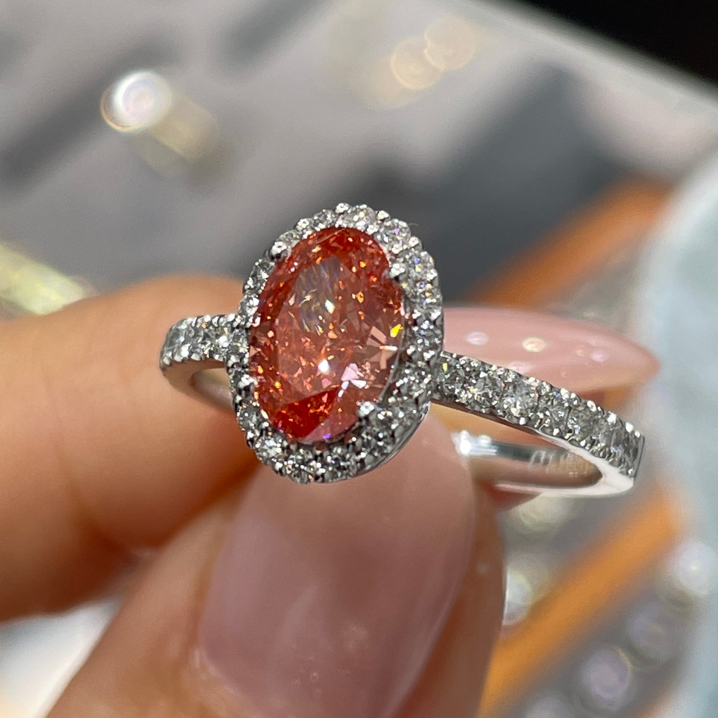 IGI pink diamond Oval shape 1ct two way halo pave ring
