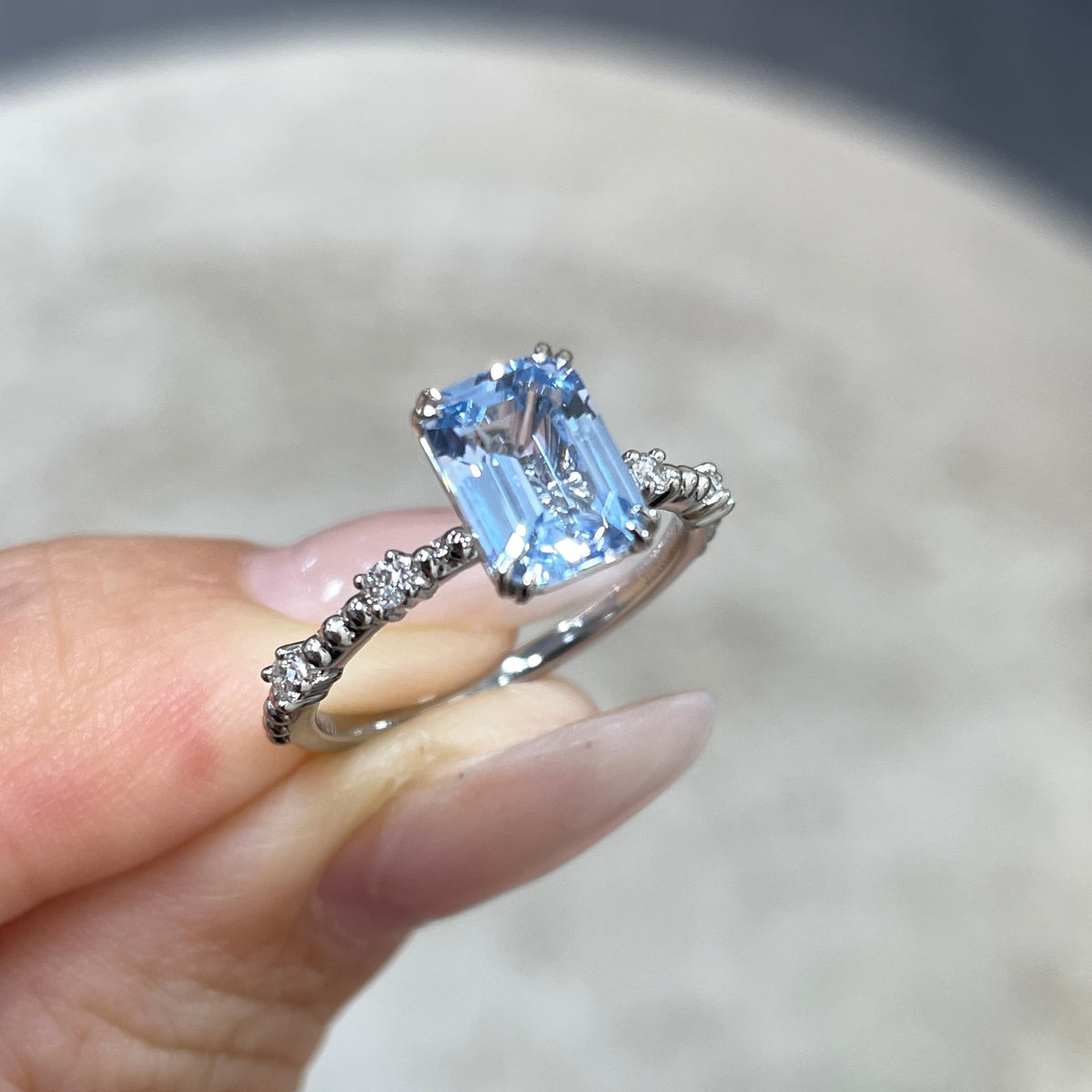 Lab Sapphire Aquamarine blue emerald cut 1.5ct  four-double prong milgrain side stone band ring