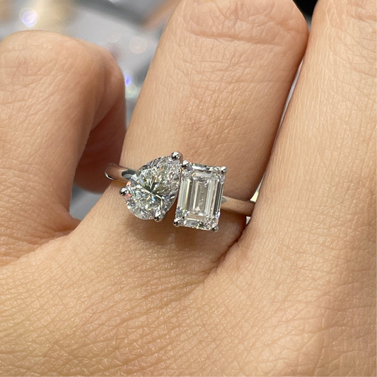Lab diamond pear shape and emerald cut 2ct toi et moi ring